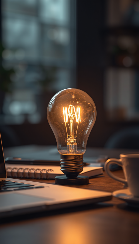 business innovation concept, lightbulb glowing on modern office desk with laptop, notebooks and coffee, creative ideas and solutions, brainstorming atmosphere, professional workspace, inn (2)